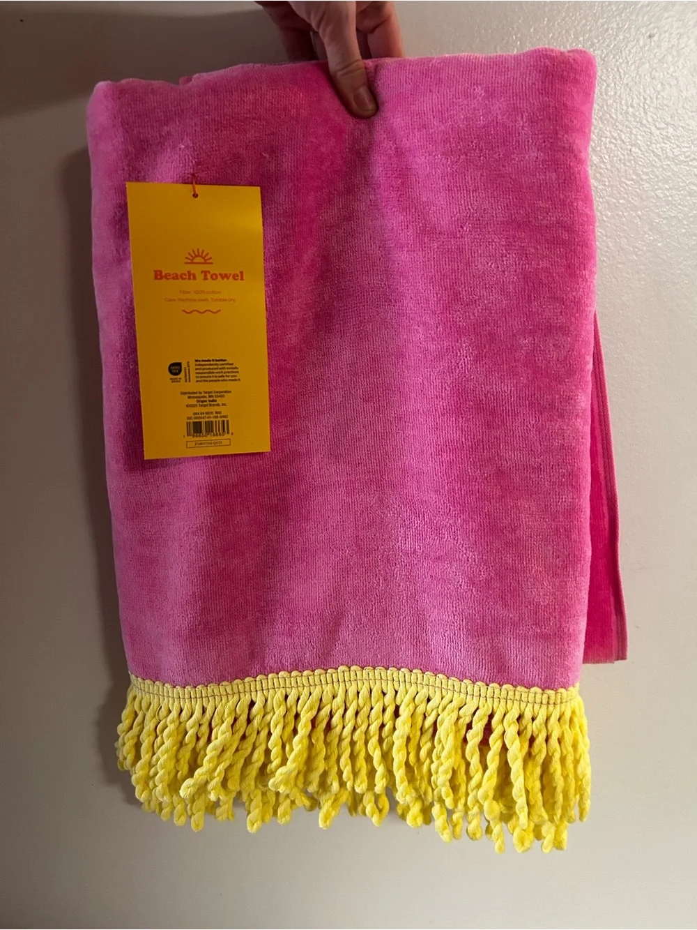 Bright Pink Beach Towel with Yellow Fringe Brand New